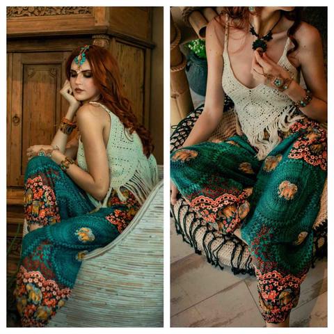 GINA Boho Chic Silk Flared Pants with Pockets in Whimsical (one size) -  Indie Ella Lifestyle